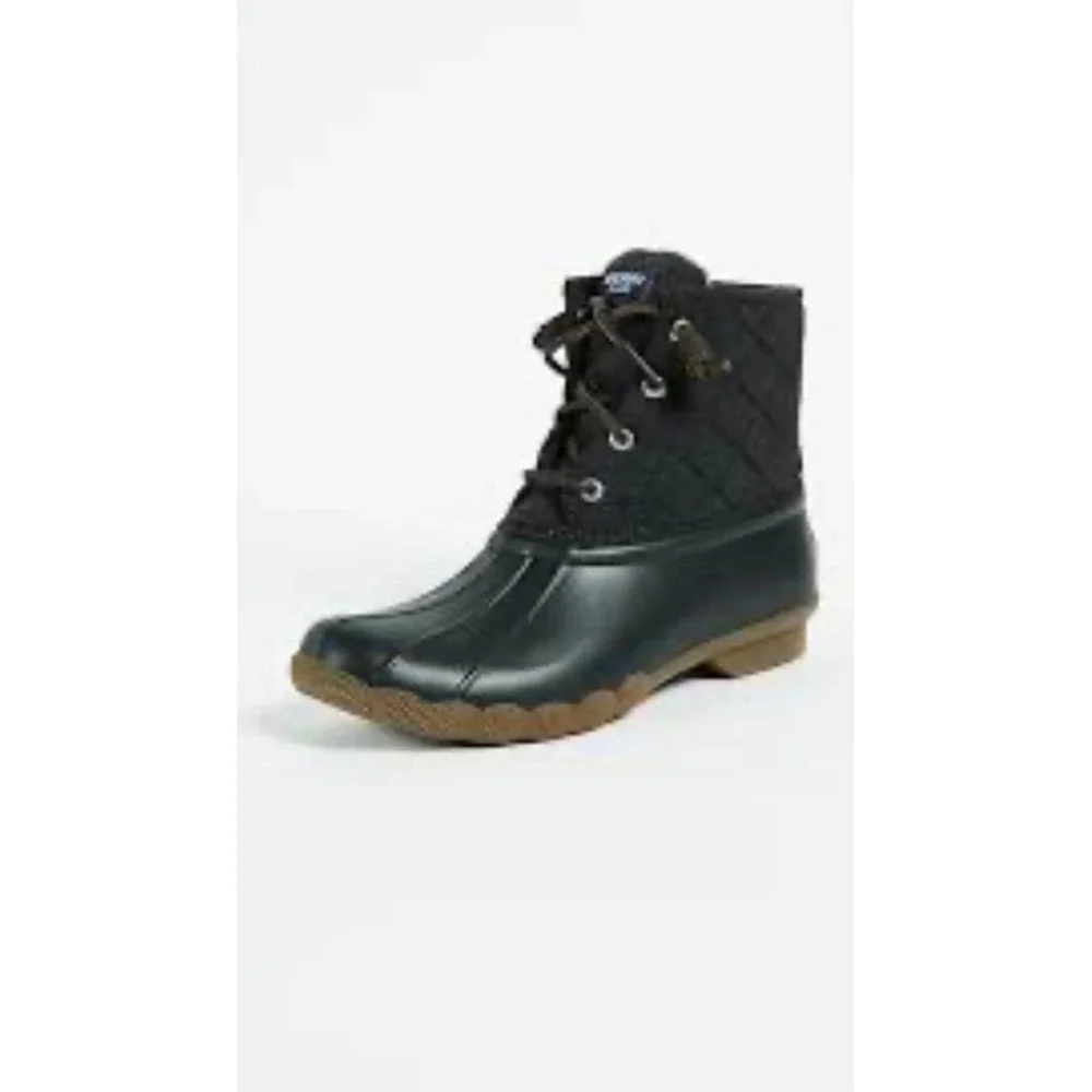 Sperry Saltwater Quilted Duck Rain Boots Women 8 Black Waterproof Preppy Coastal